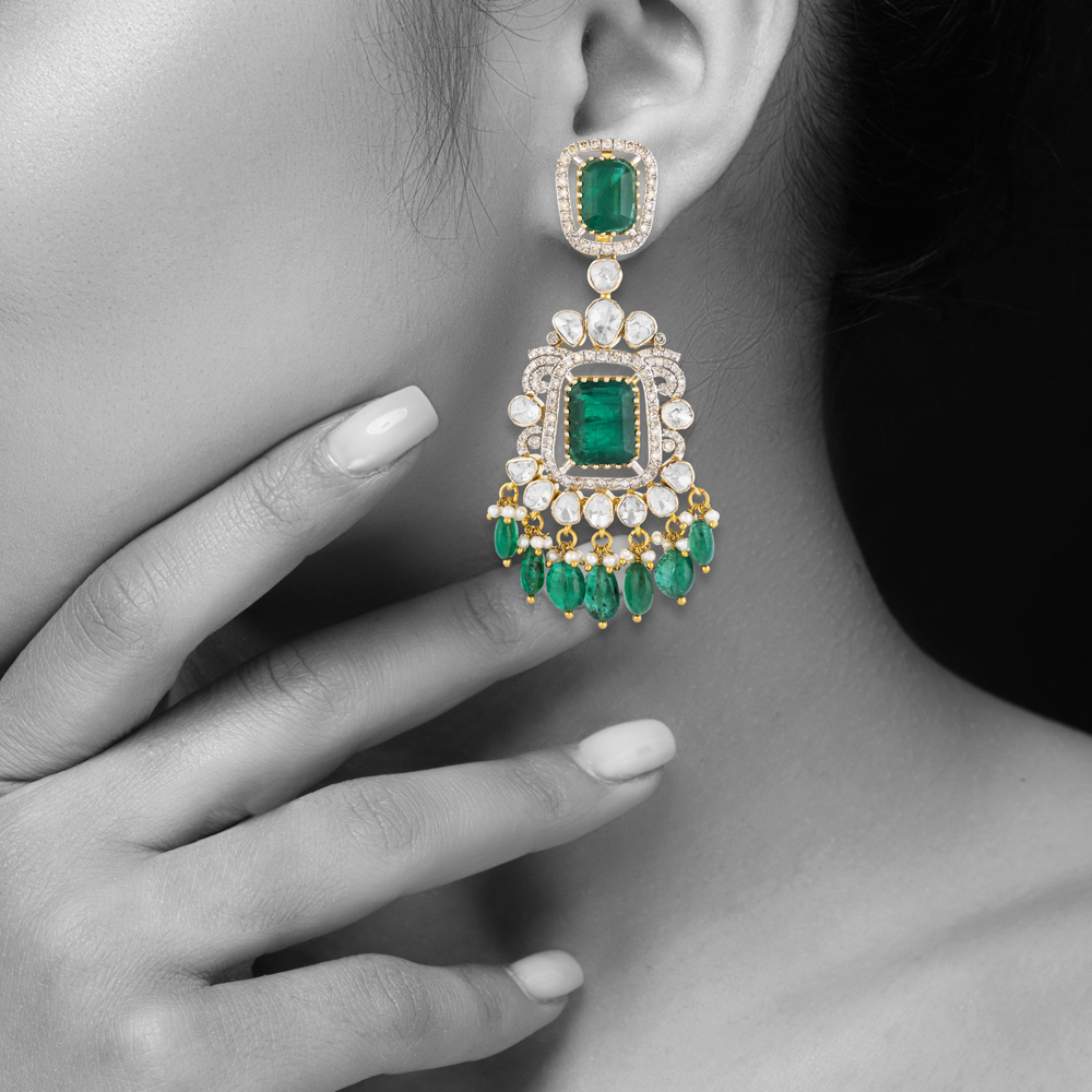 Polki Earrings with Emerald Colourstones & Drops